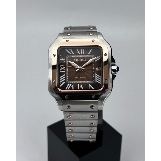 Custom Seiko Mod • Brown Guilloche Vignette 2-Tone Rose Gold Steel Santos • 38mm